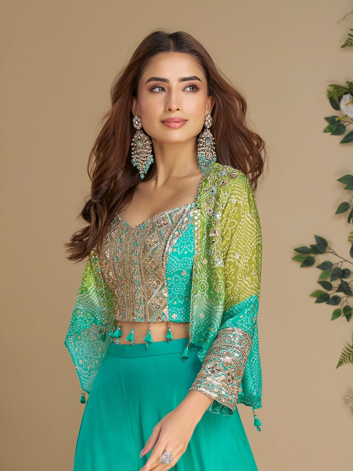 Outstanding Sea Green Sequins Georgette Party Wear Crop Top Palazzo With Jacket - Zeel Clothing