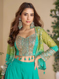 Outstanding Sea Green Sequins Georgette Party Wear Crop Top Palazzo With Jacket - Zeel Clothing