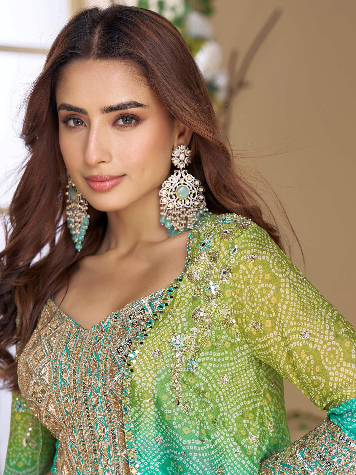Outstanding Sea Green Sequins Georgette Party Wear Crop Top Palazzo With Jacket - Zeel Clothing