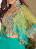 Outstanding Sea Green Sequins Georgette Party Wear Crop Top Palazzo With Jacket - Zeel Clothing