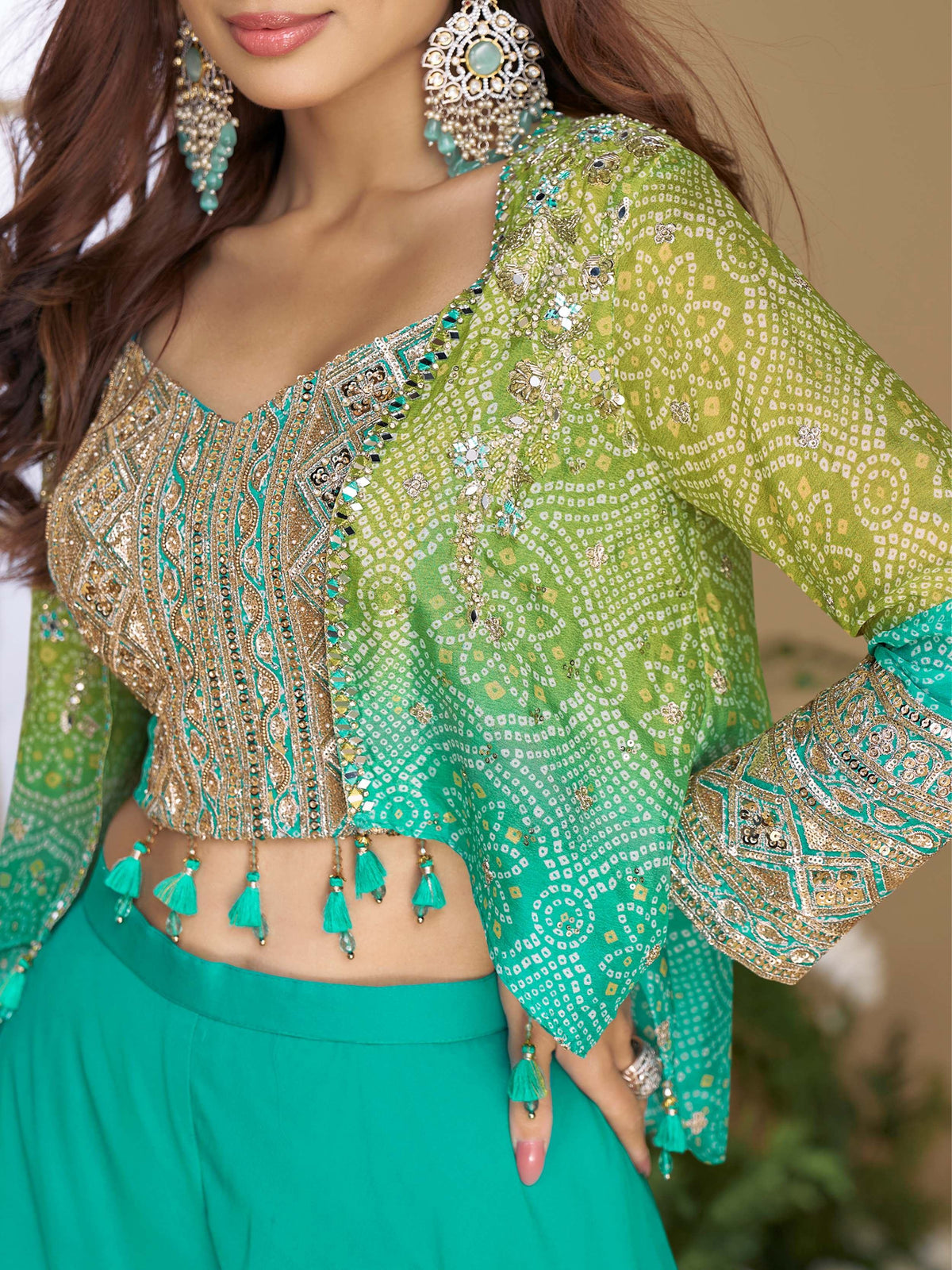 Outstanding Sea Green Sequins Georgette Party Wear Crop Top Palazzo With Jacket - Zeel Clothing