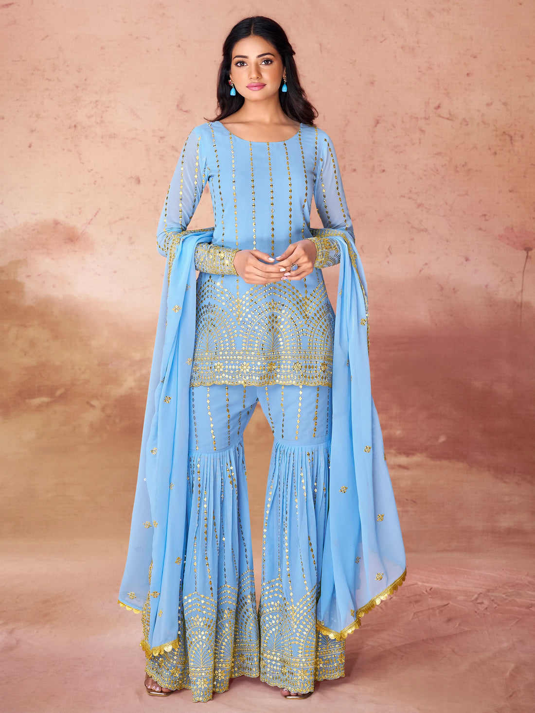 Outstanding Sky-Blue Sequins Georgette Designer Sharara Suit - Zeel Clothing