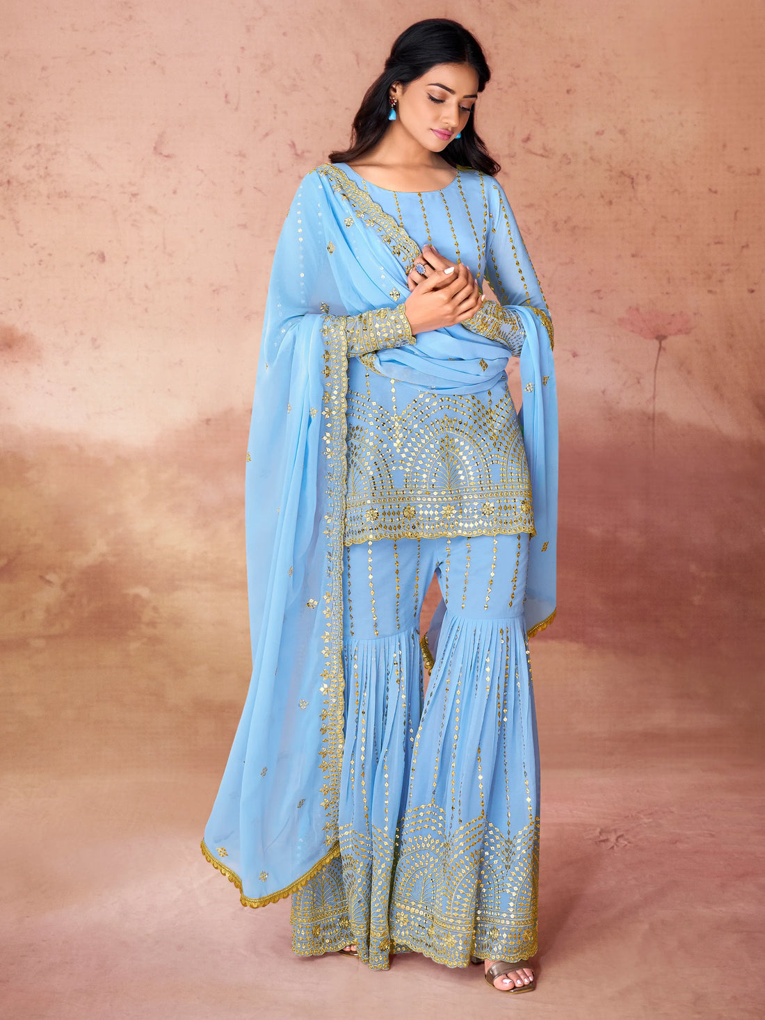 Outstanding Sky-Blue Sequins Georgette Designer Sharara Suit - Zeel Clothing