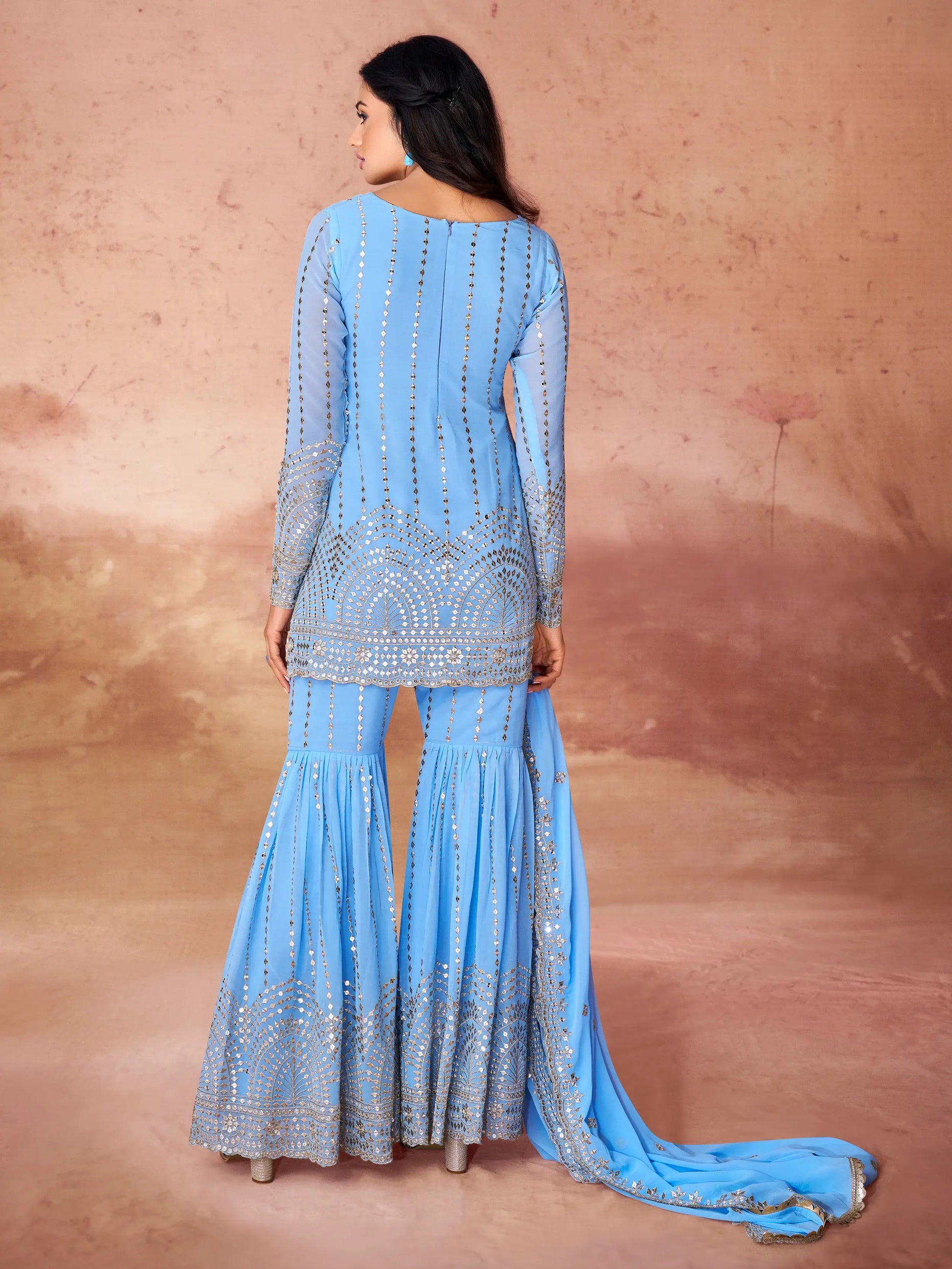 Outstanding Sky-Blue Sequins Georgette Designer Sharara Suit - Zeel Clothing