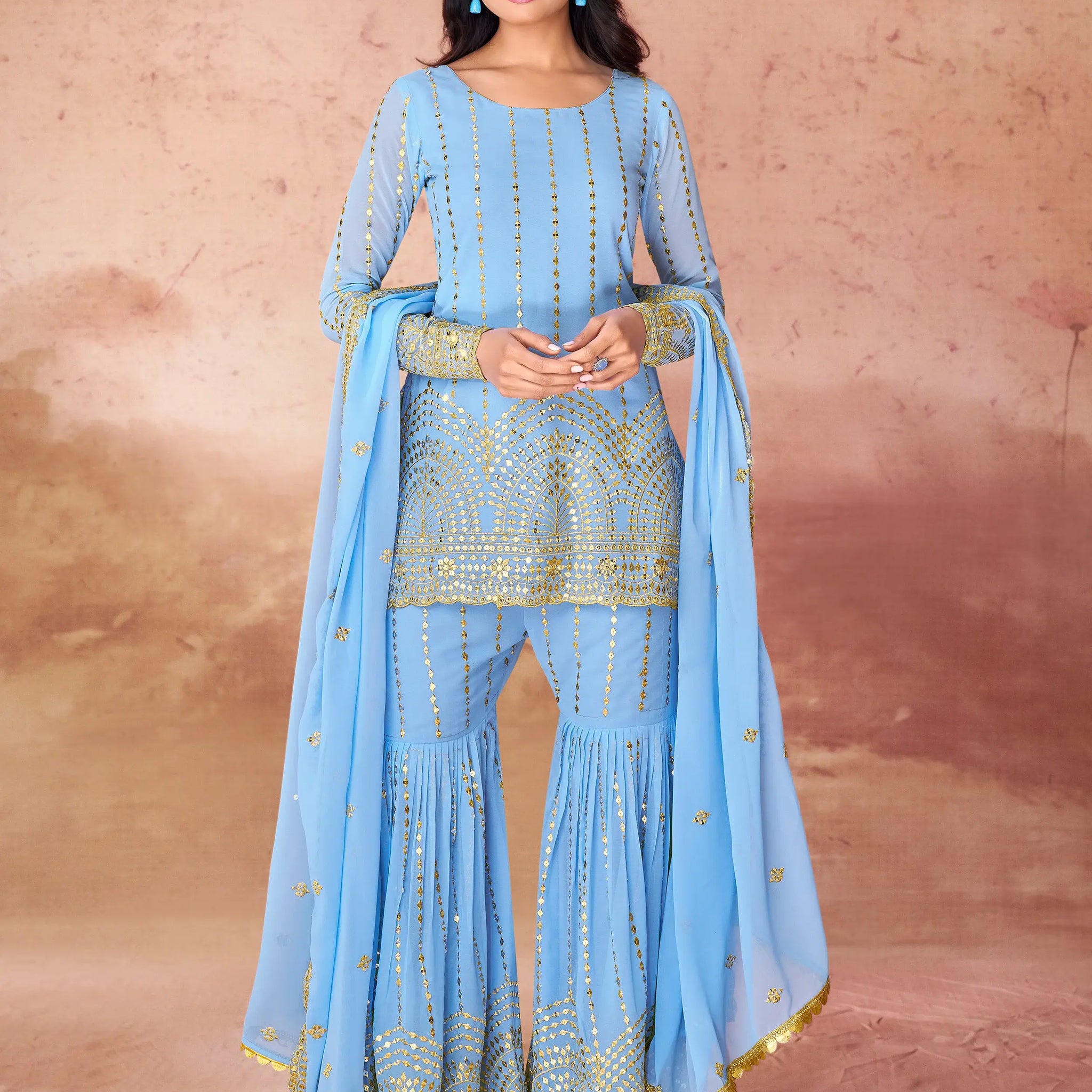 Outstanding Sky-Blue Sequins Georgette Designer Sharara Suit - Zeel Clothing