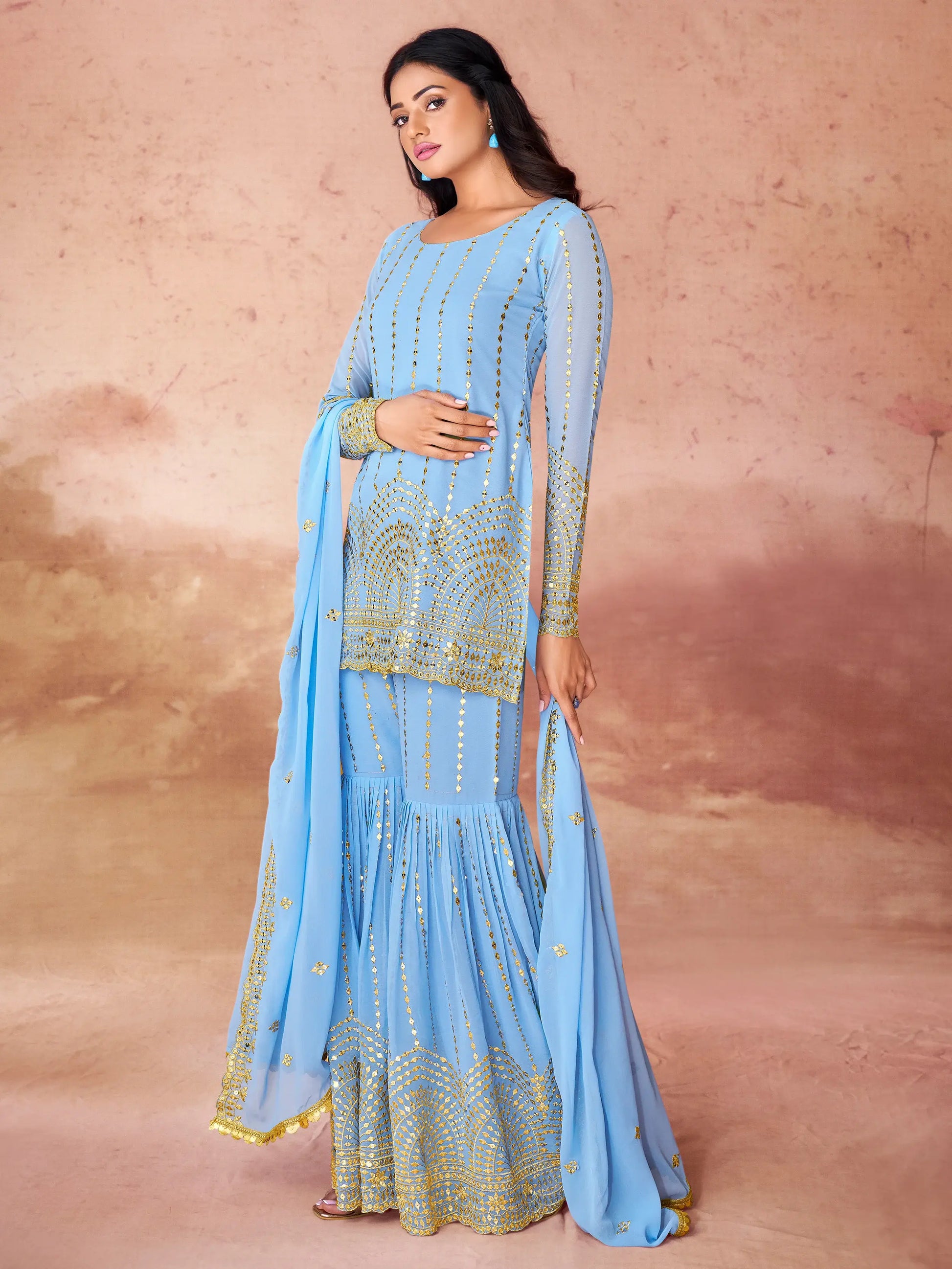Outstanding Sky-Blue Sequins Georgette Designer Sharara Suit - Zeel Clothing