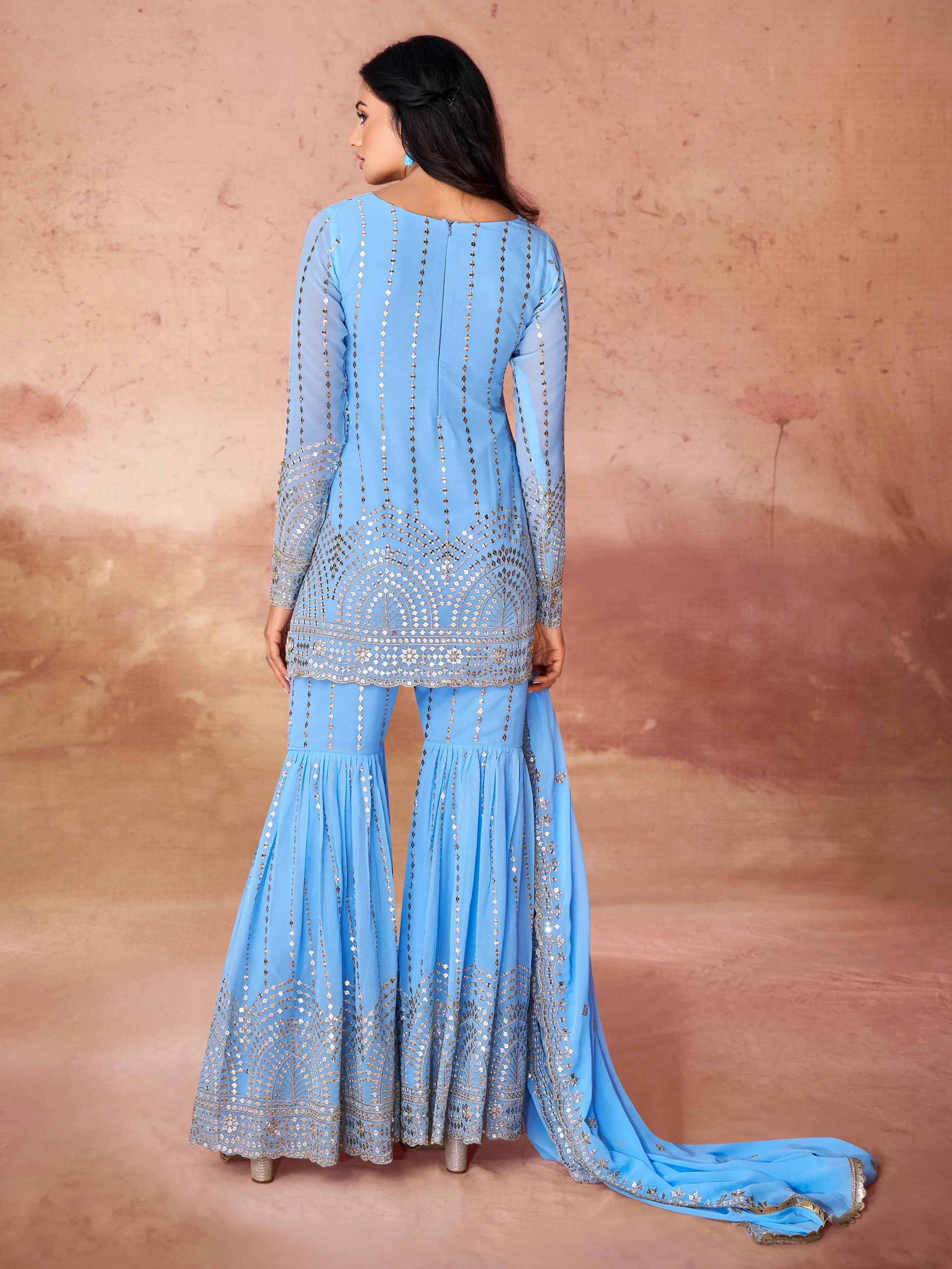 Outstanding Sky-Blue Sequins Georgette Designer Sharara Suit - Zeel Clothing
