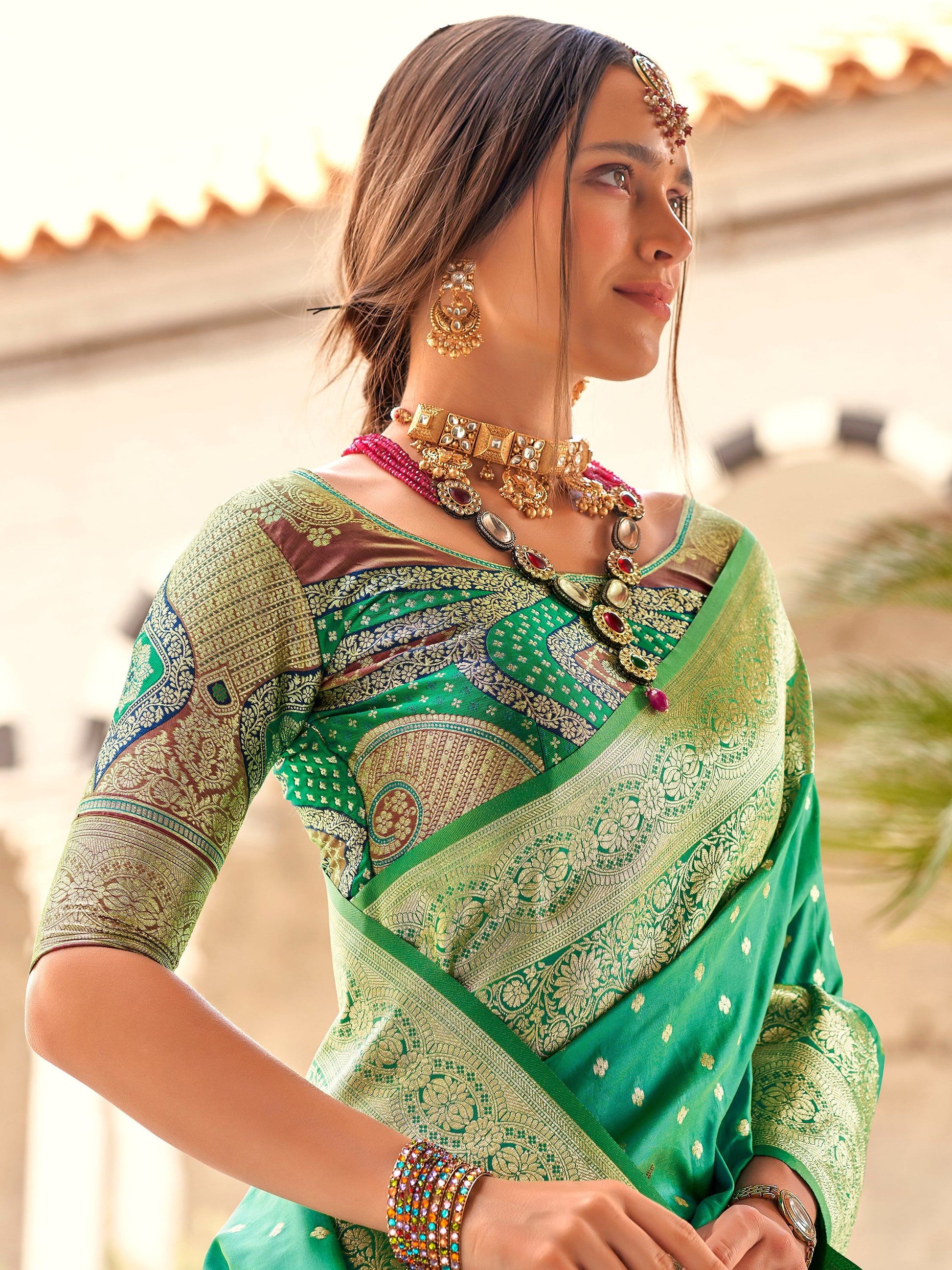 Outstanding Teal Green Zari Weaving Silk Saree With Blouse - Zeel Clothing