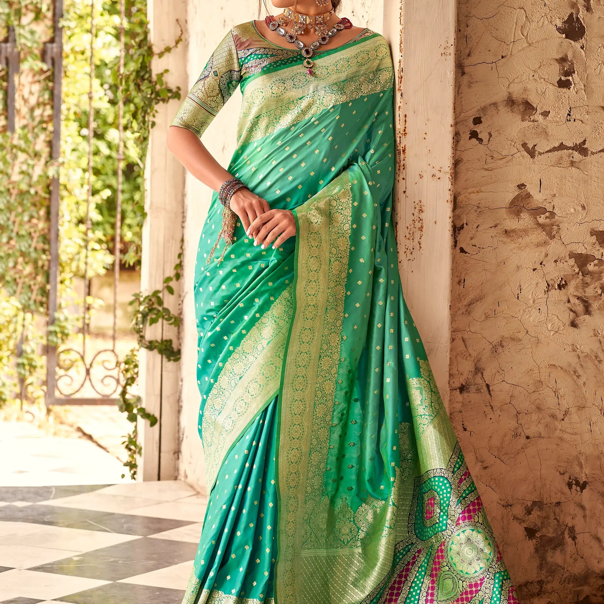 Outstanding Teal Green Zari Weaving Silk Saree With Blouse - Zeel Clothing