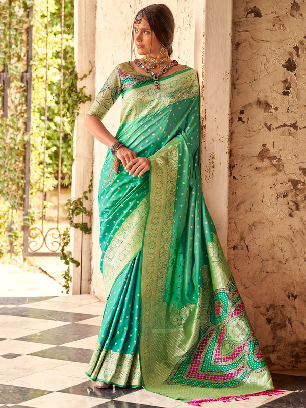 Outstanding Teal Green Zari Weaving Silk Saree With Blouse - Zeel Clothing