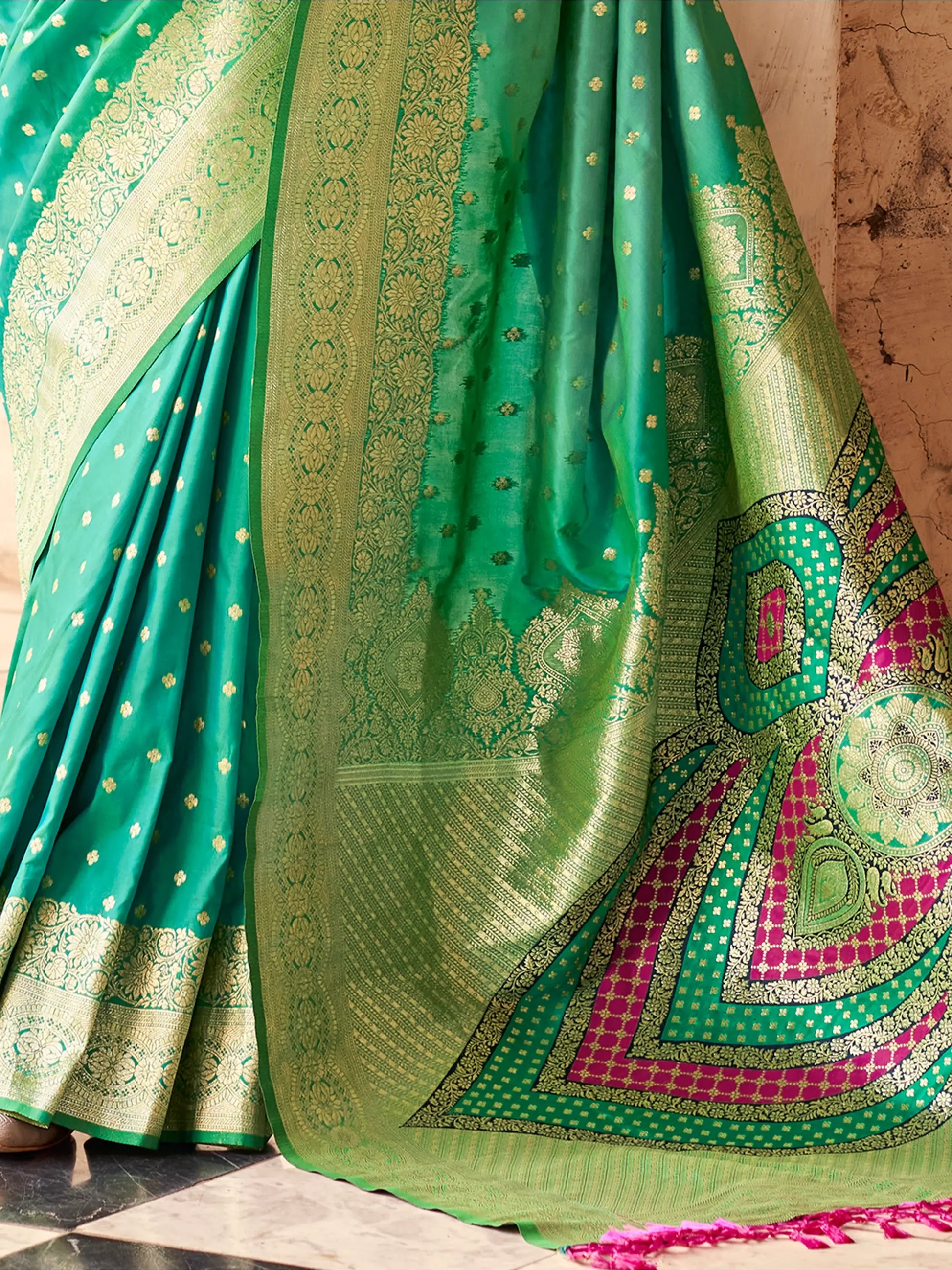 Outstanding Teal Green Zari Weaving Silk Saree With Blouse - Zeel Clothing