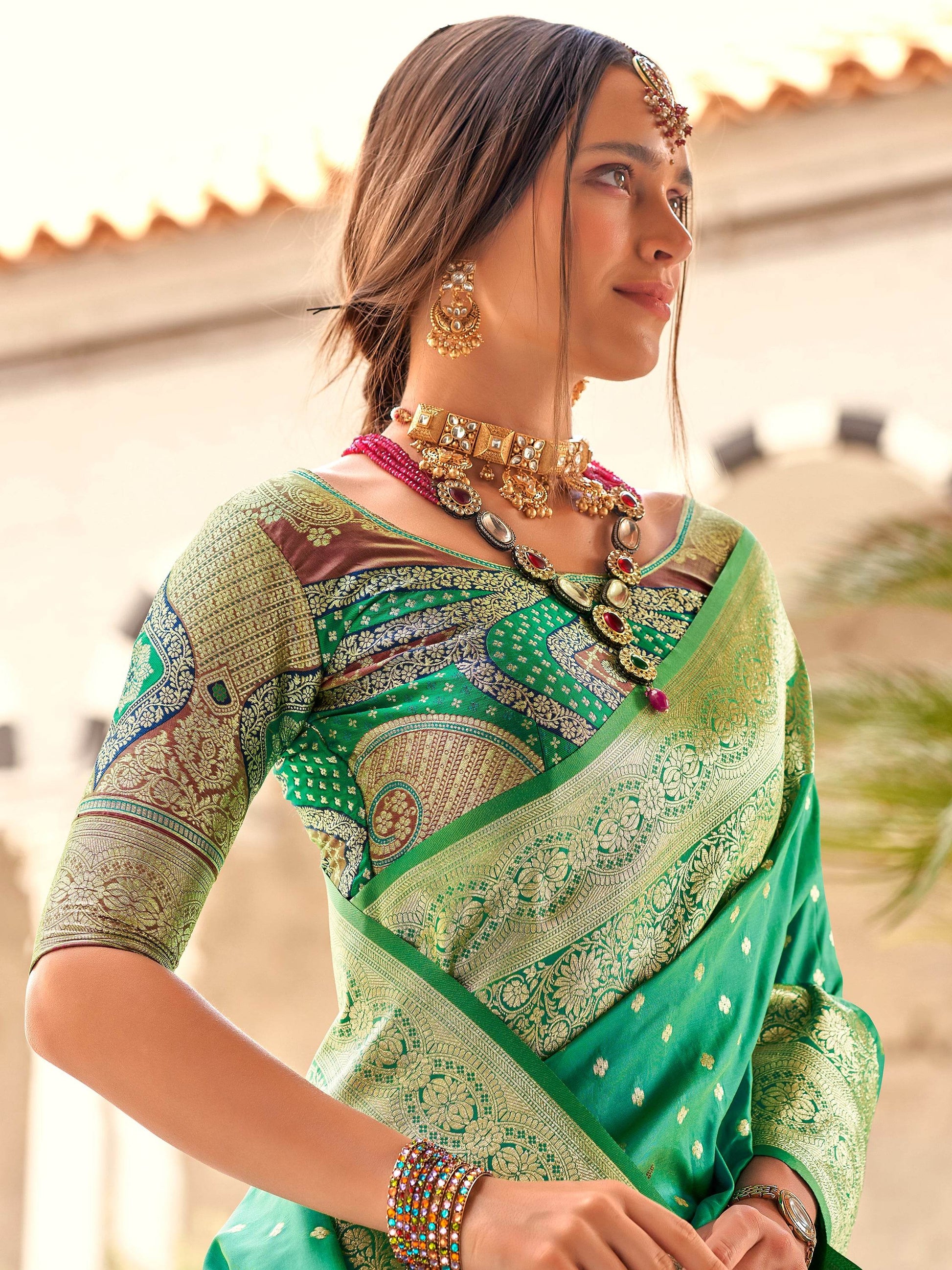 Outstanding Teal Green Zari Weaving Silk Saree With Blouse - Zeel Clothing