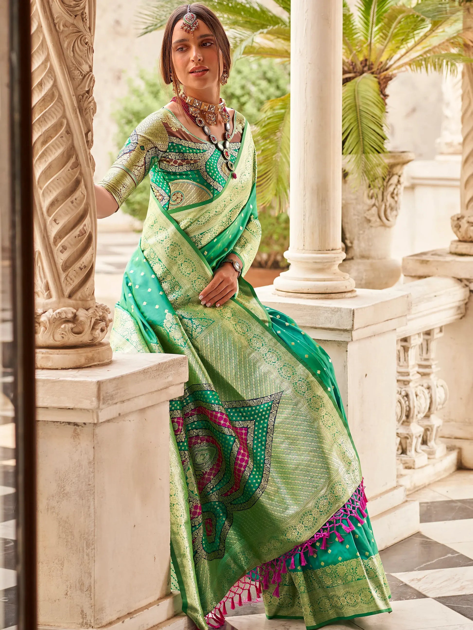Outstanding Teal Green Zari Weaving Silk Saree With Blouse - Zeel Clothing