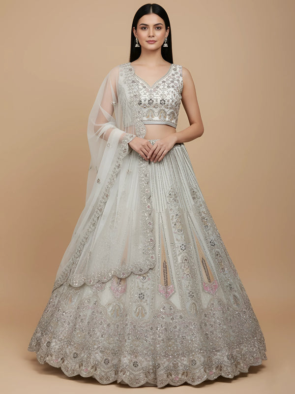 Outstanding White Dori Work Net Event Wear Lehenga Choli With Dupatta