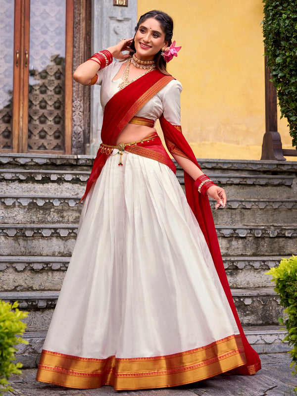 Outstanding White Zari Weaving Cotton Traditional Half Saree Lehenga