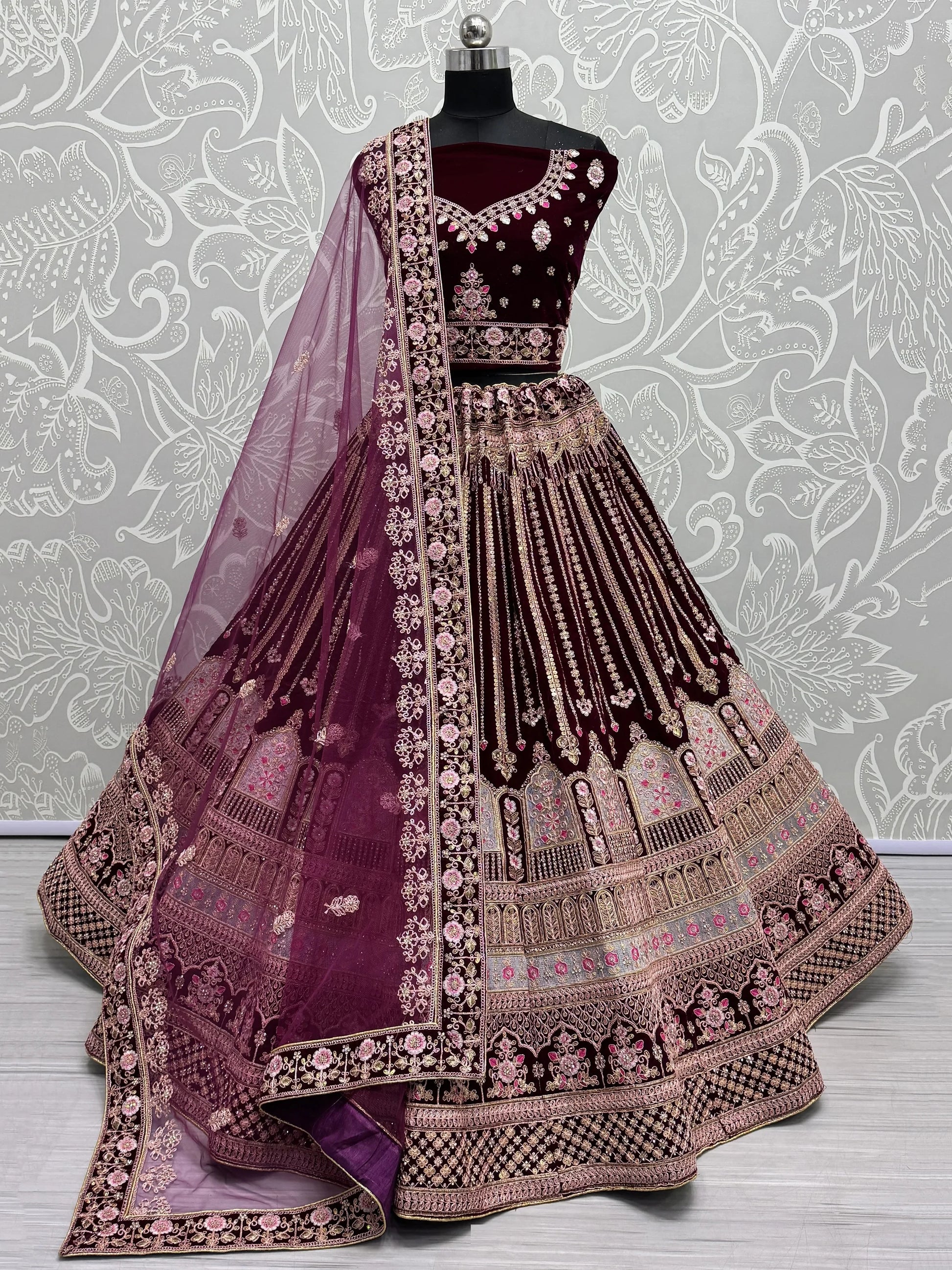 Outstanding Wine Embroidered Velvet Bridal Lehenga Choli - Zeel Clothing