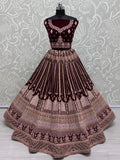 Outstanding Wine Embroidered Velvet Bridal Lehenga Choli - Zeel Clothing