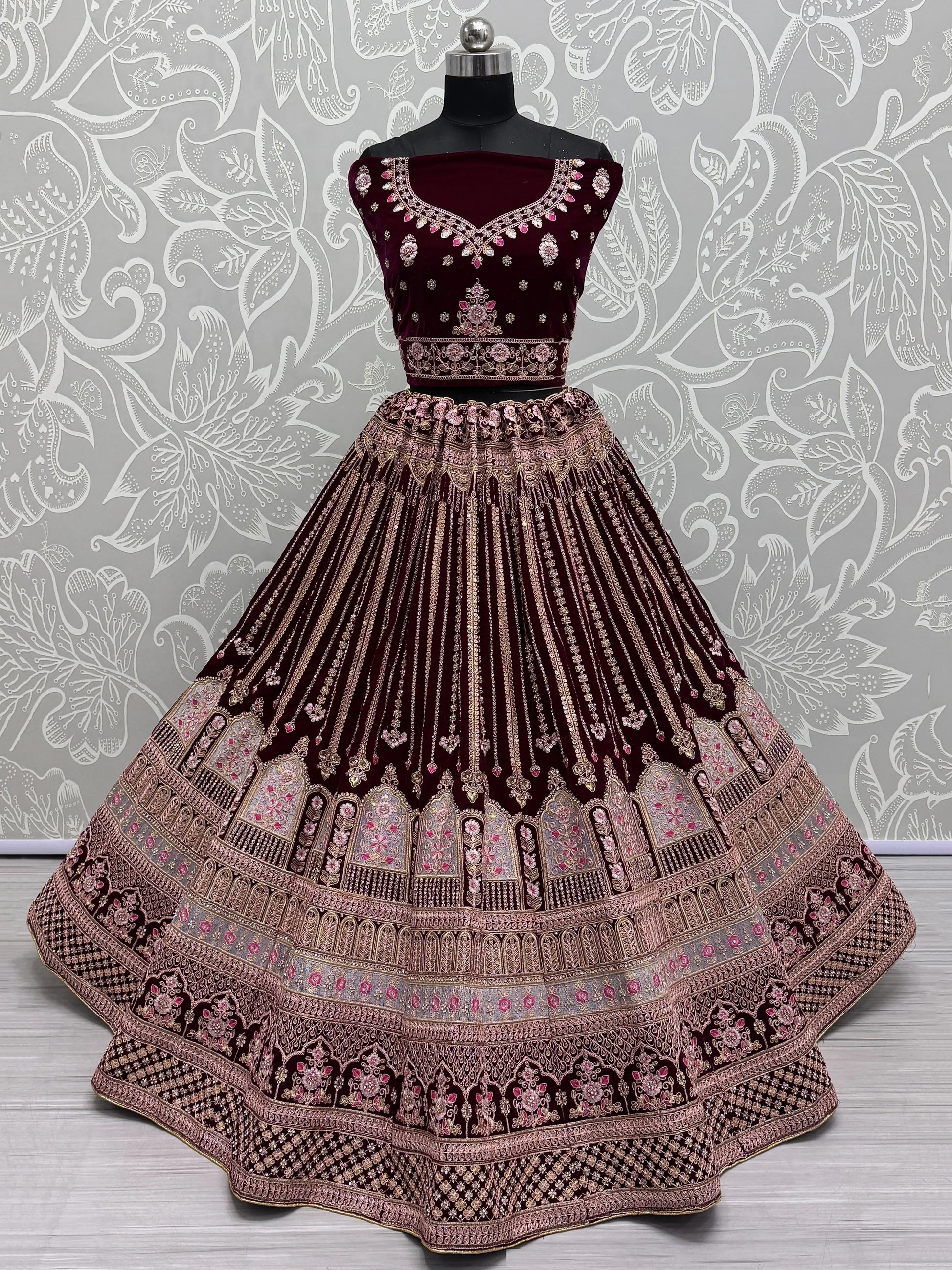 Outstanding Wine Embroidered Velvet Bridal Lehenga Choli - Zeel Clothing