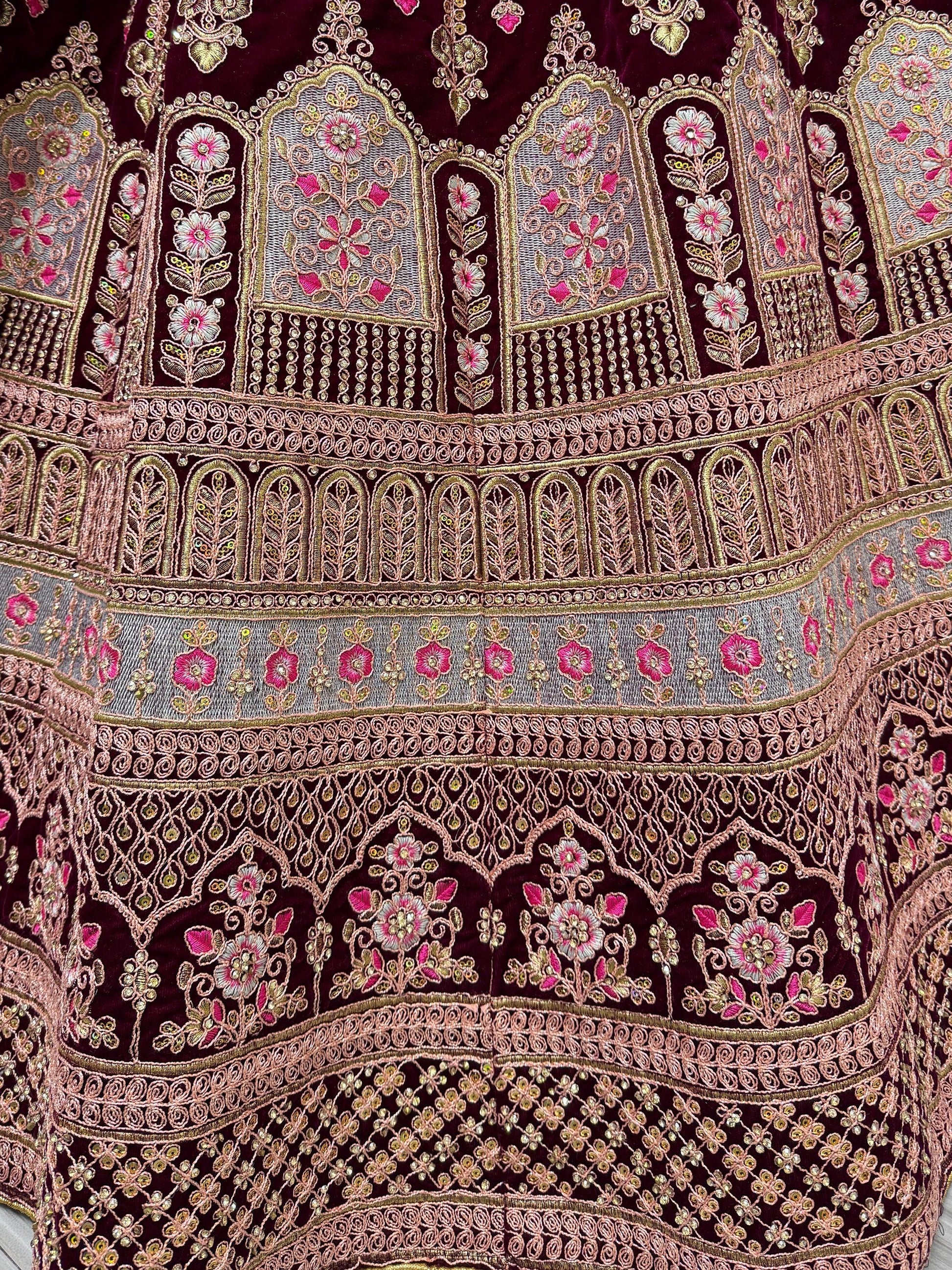 Outstanding Wine Embroidered Velvet Bridal Lehenga Choli - Zeel Clothing