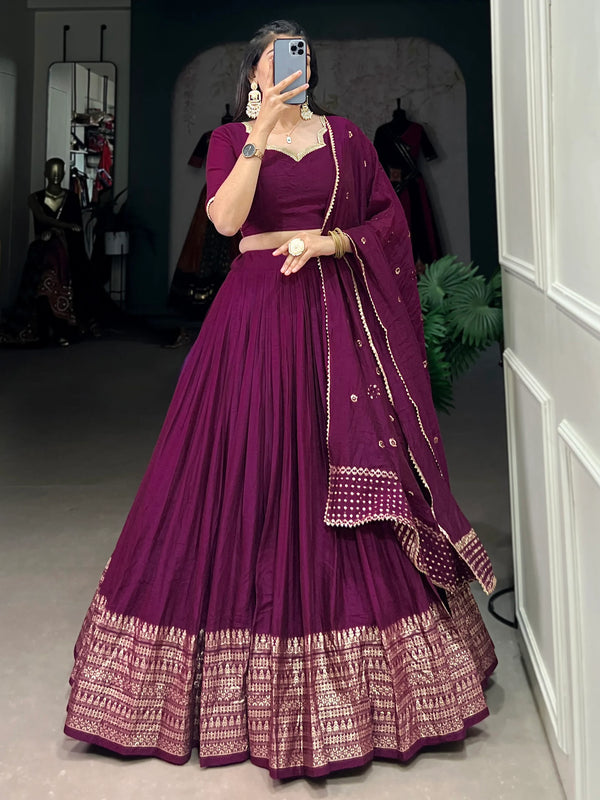 Outstanding Wine Zari Weaving Chanderi Lehenga Choli With Dupatta - Zeel Clothing