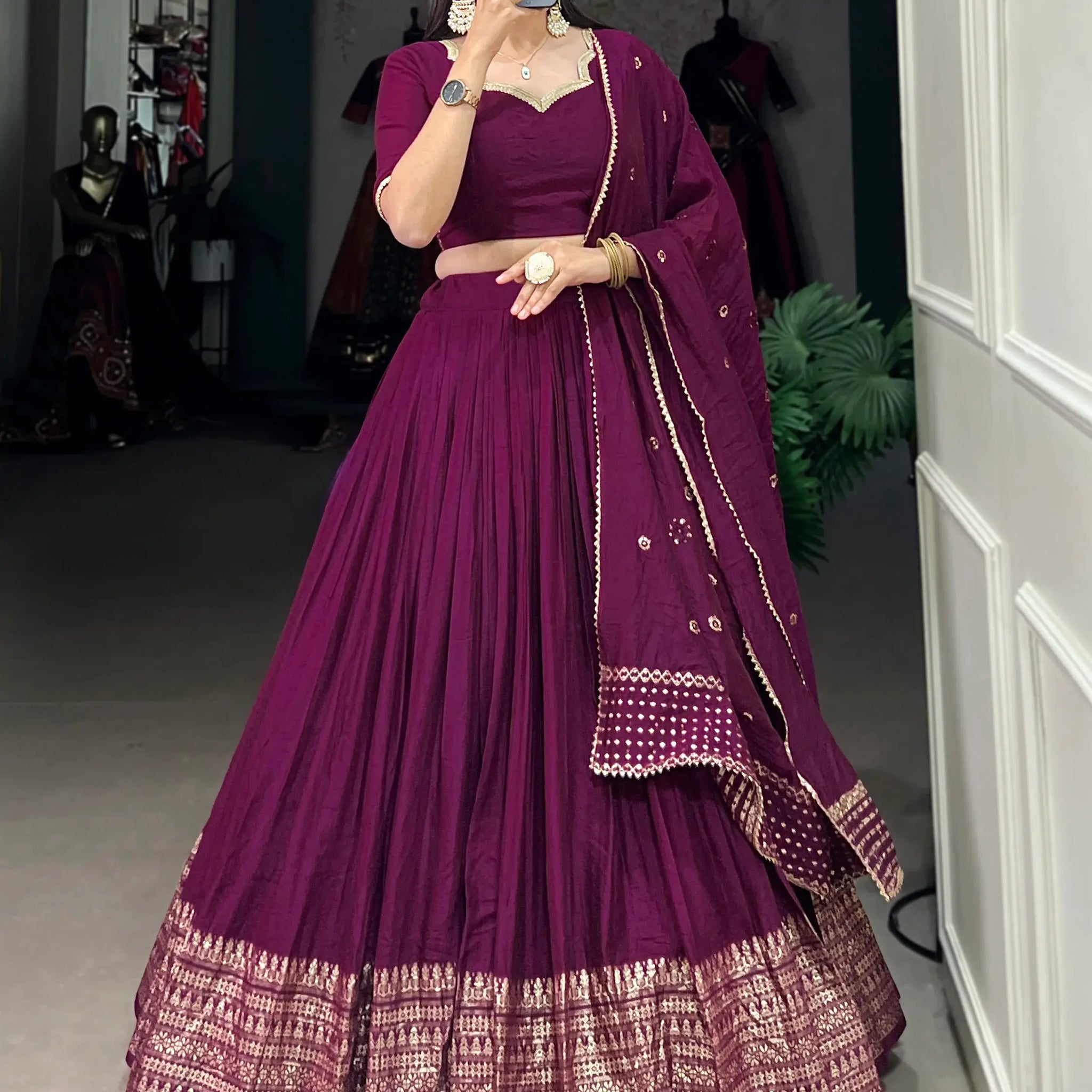 Outstanding Wine Zari Weaving Chanderi Lehenga Choli With Dupatta - Zeel Clothing