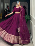 Outstanding Wine Zari Weaving Chanderi Lehenga Choli With Dupatta - Zeel Clothing