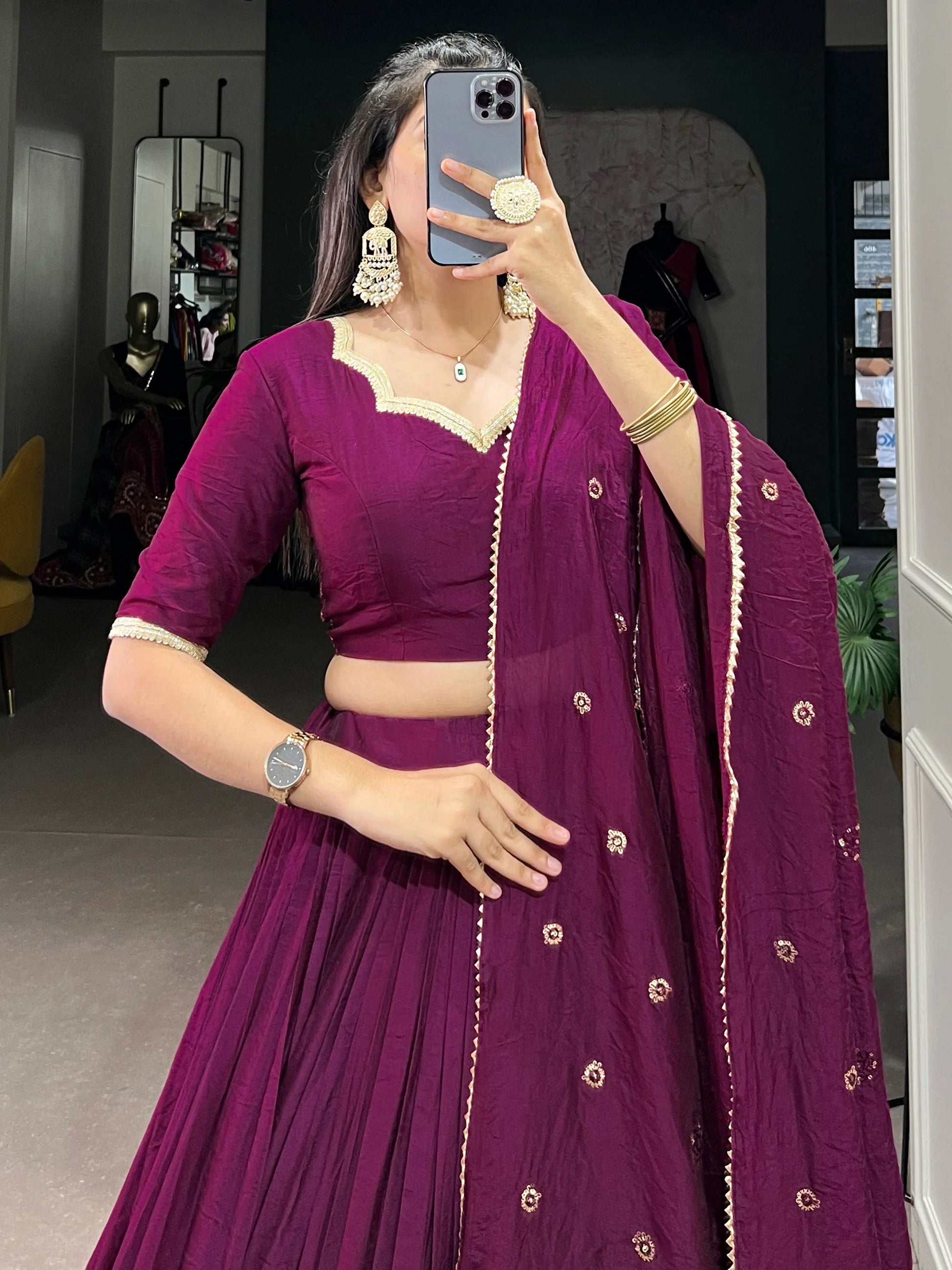 Outstanding Wine Zari Weaving Chanderi Lehenga Choli With Dupatta - Zeel Clothing