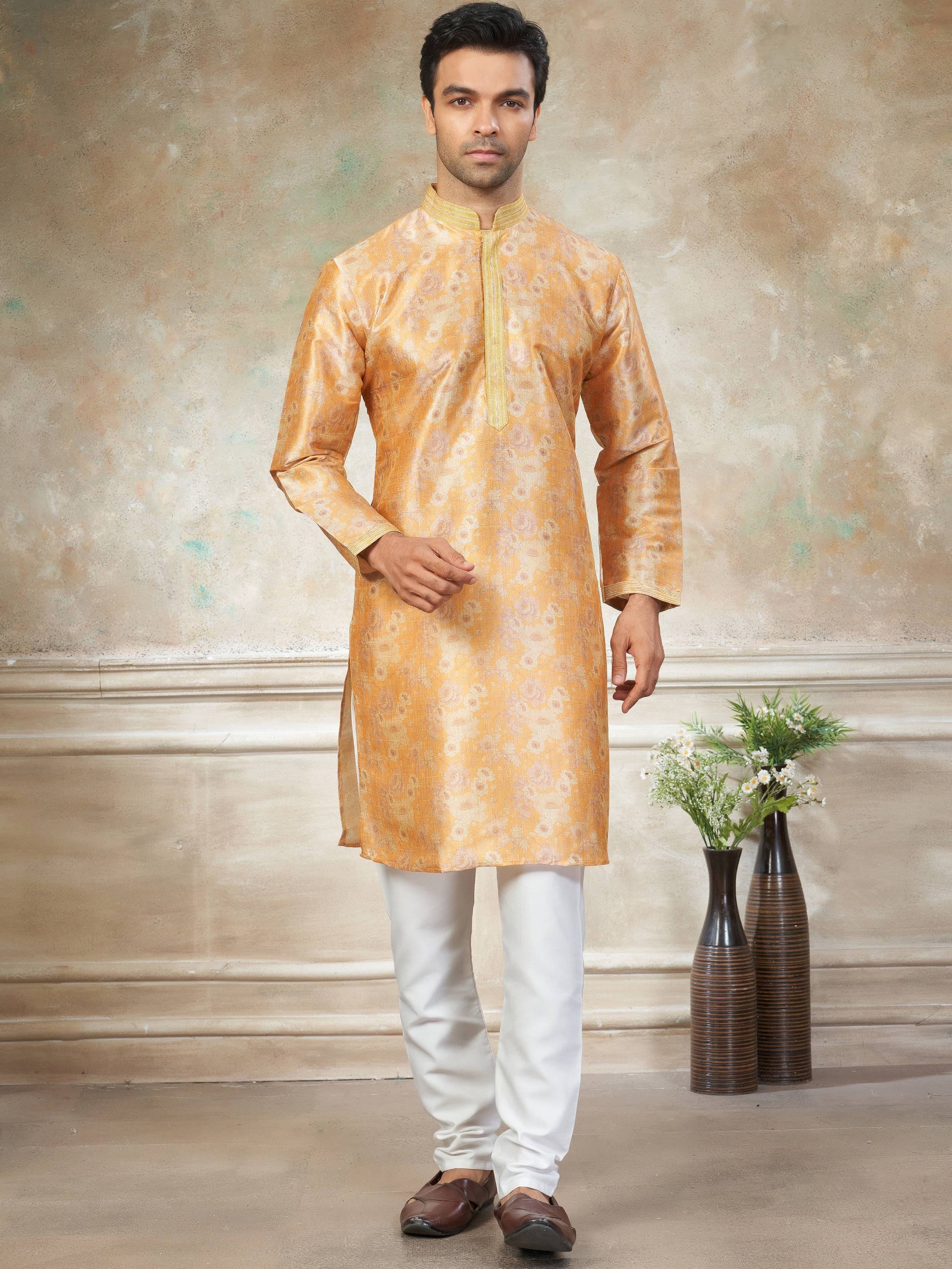 Outstanding Yellow Floral Printed Silk Haldi Wear Men Kurta With Pant Set