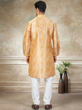 Outstanding Yellow Floral Printed Silk Haldi Wear Men Kurta With Pant Set