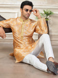 Outstanding Yellow Floral Printed Silk Haldi Wear Men Kurta With Pant Set