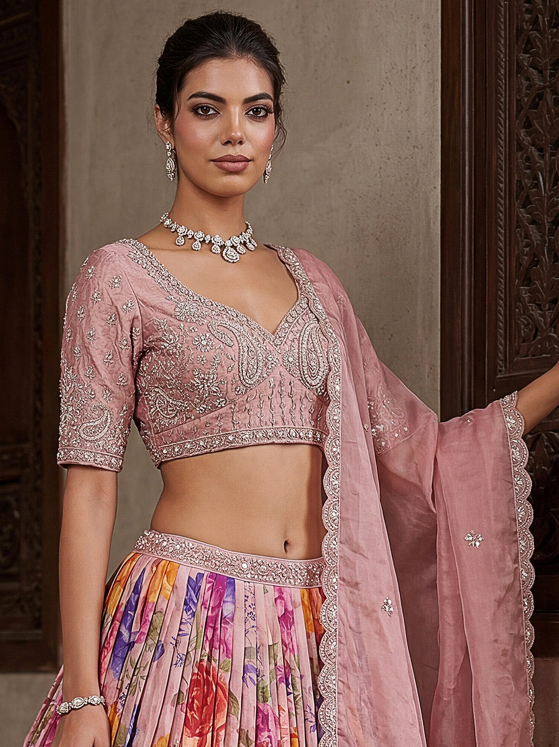 Glowing Pink Embroidered Tissue Wedding Wear Lehenga Choli With Dupatta