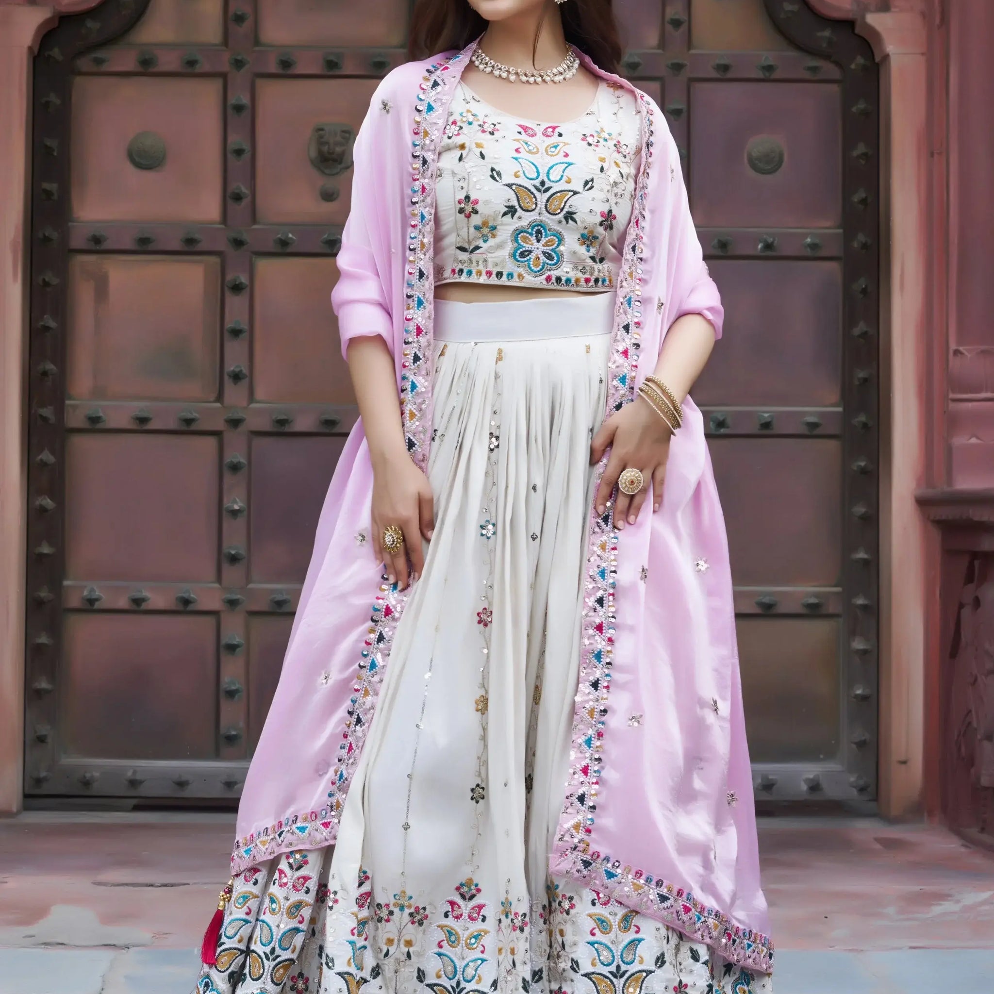 Fantastic Off-White Floral Embroidery Tissue Designer Lehenga Choli With Pink Dupatta
