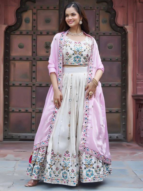 Fantastic Off-White Floral Embroidery Tissue Designer Lehenga Choli With Pink Dupatta
