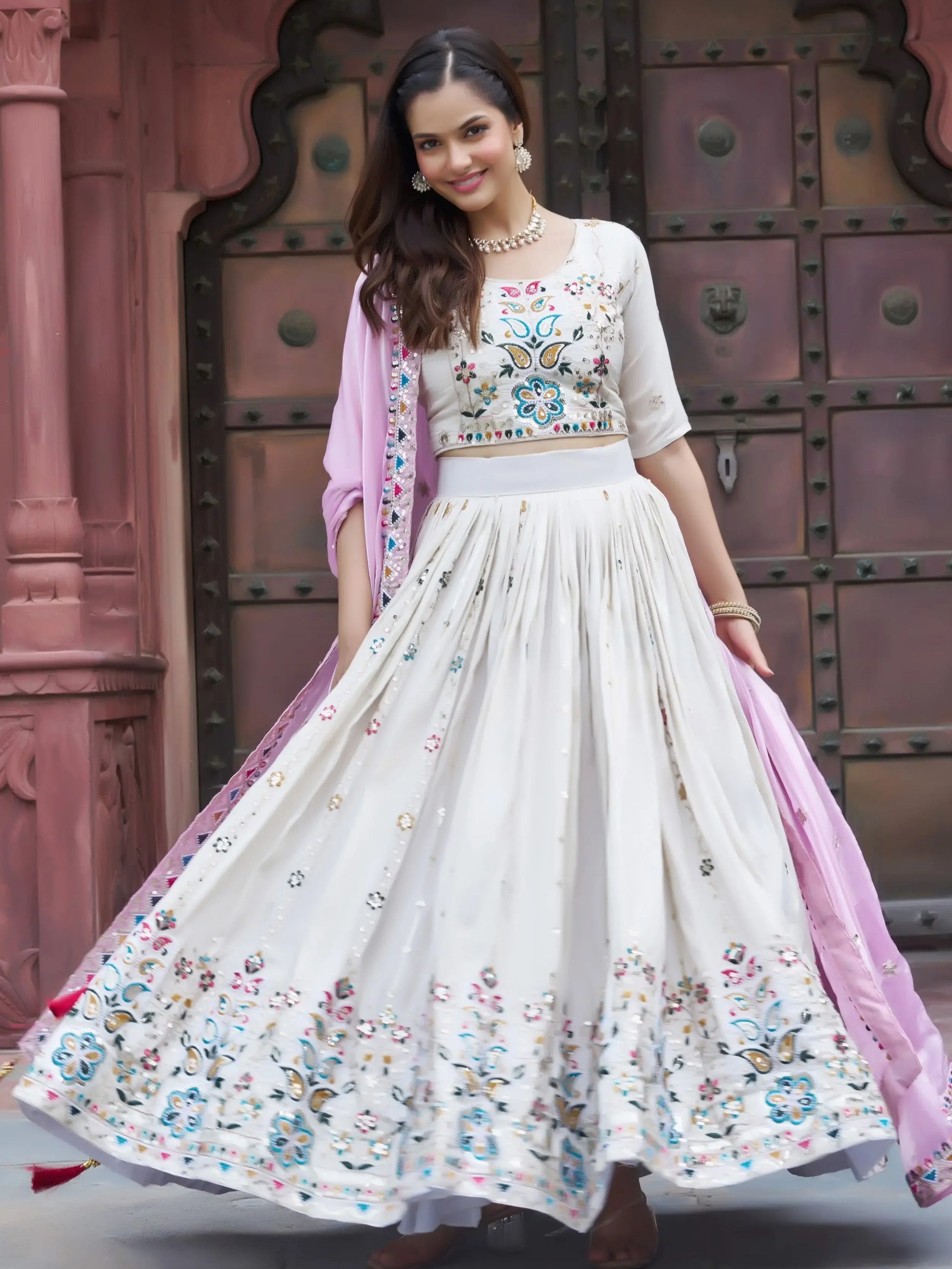 Fantastic Off-White Floral Embroidery Tissue Designer Lehenga Choli With Pink Dupatta