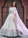 Fantastic Off-White Floral Embroidery Tissue Designer Lehenga Choli With Pink Dupatta