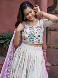 Fantastic Off-White Floral Embroidery Tissue Designer Lehenga Choli With Pink Dupatta