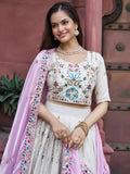 Fantastic Off-White Floral Embroidery Tissue Designer Lehenga Choli With Pink Dupatta