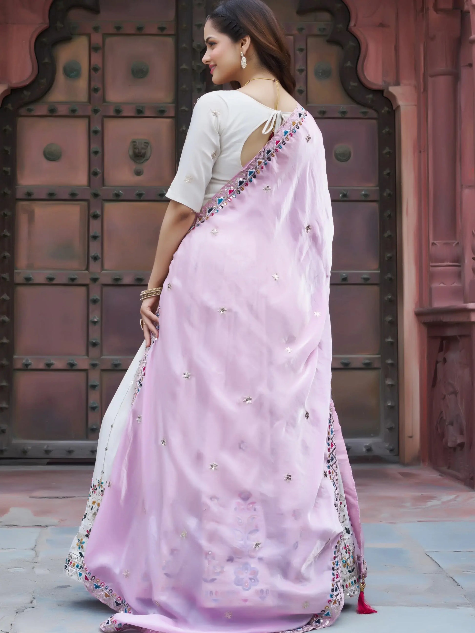 Fantastic Off-White Floral Embroidery Tissue Designer Lehenga Choli With Pink Dupatta