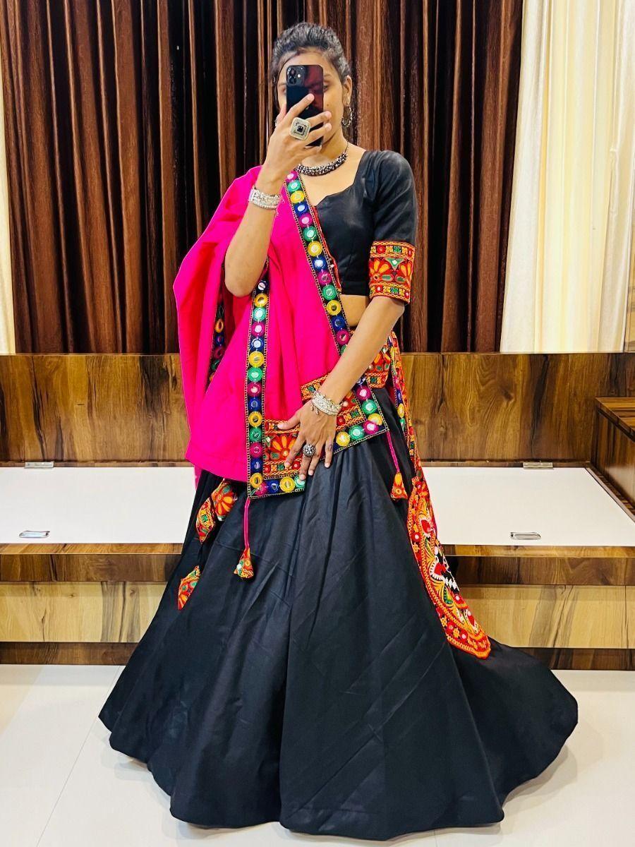 Glamorous Black Gamthi Work Cotton Navratri Lehenga Choli With Dupatta