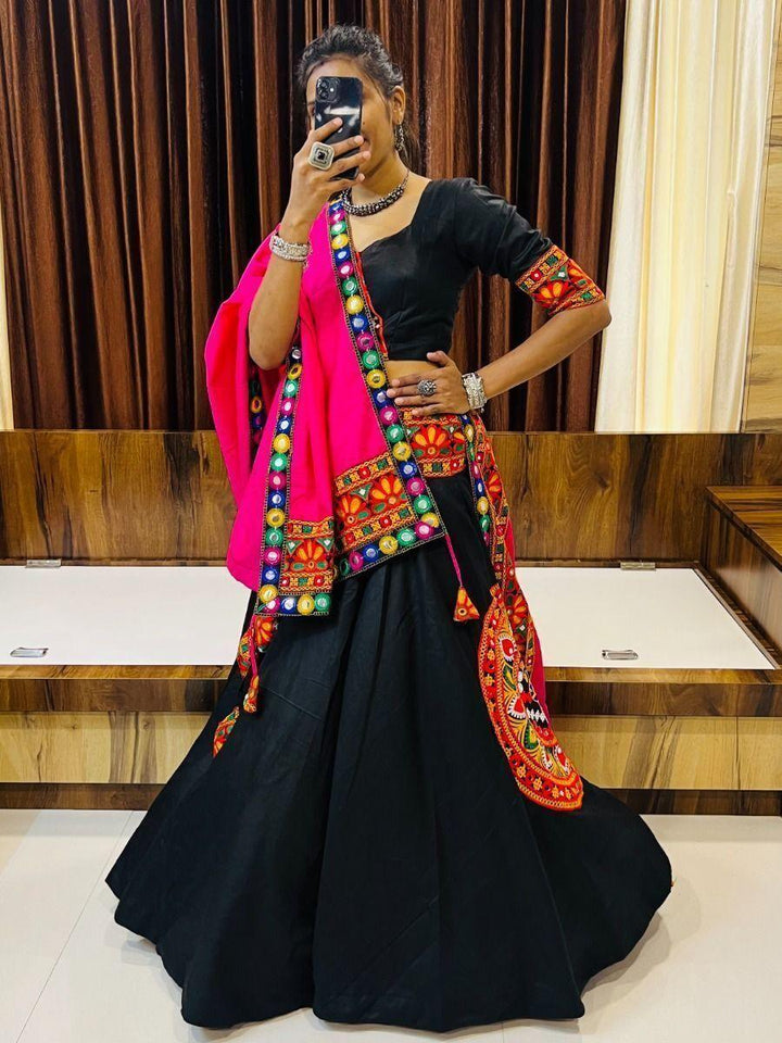Glamorous Black Gamthi Work Cotton Navratri Lehenga Choli With Dupatta