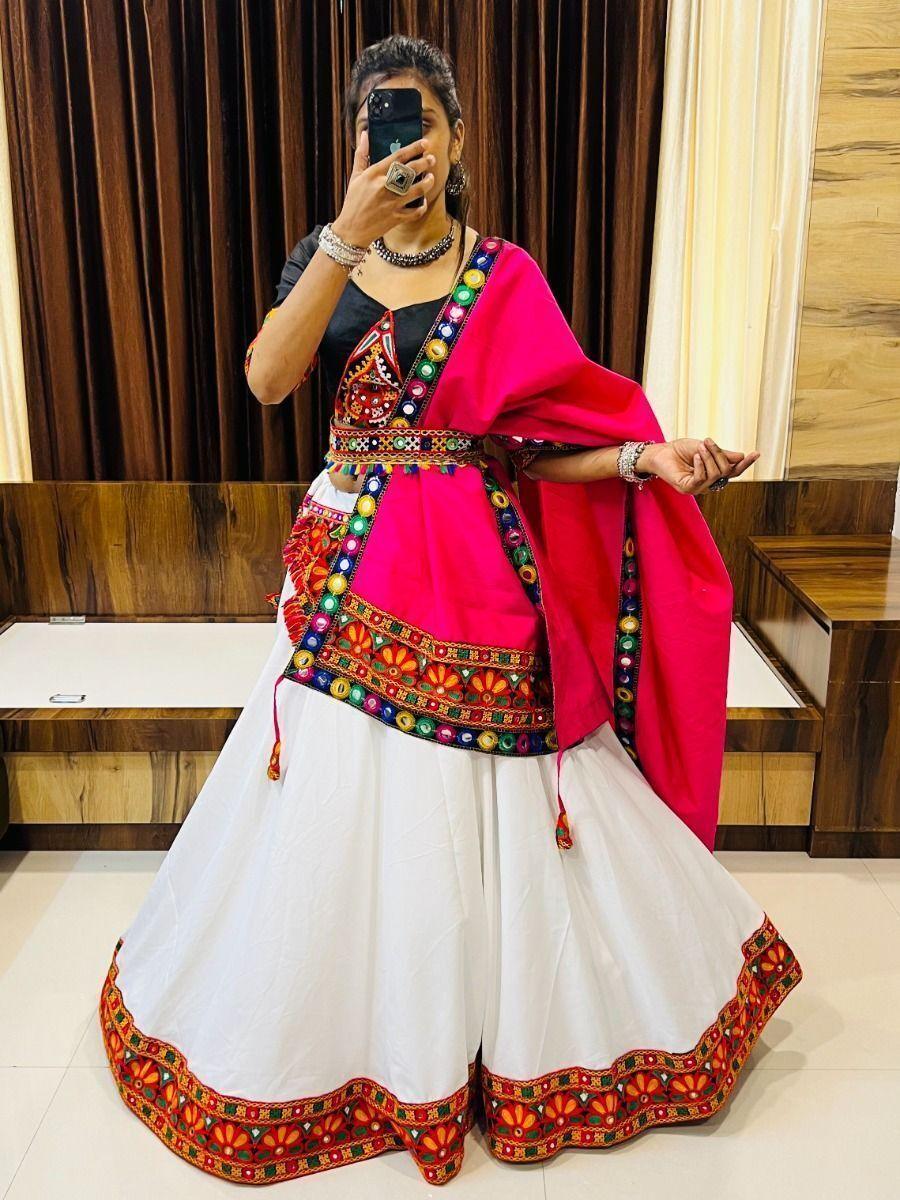 Charming White Mirror Work Cotton Navratri Wear Lehenga Choli
