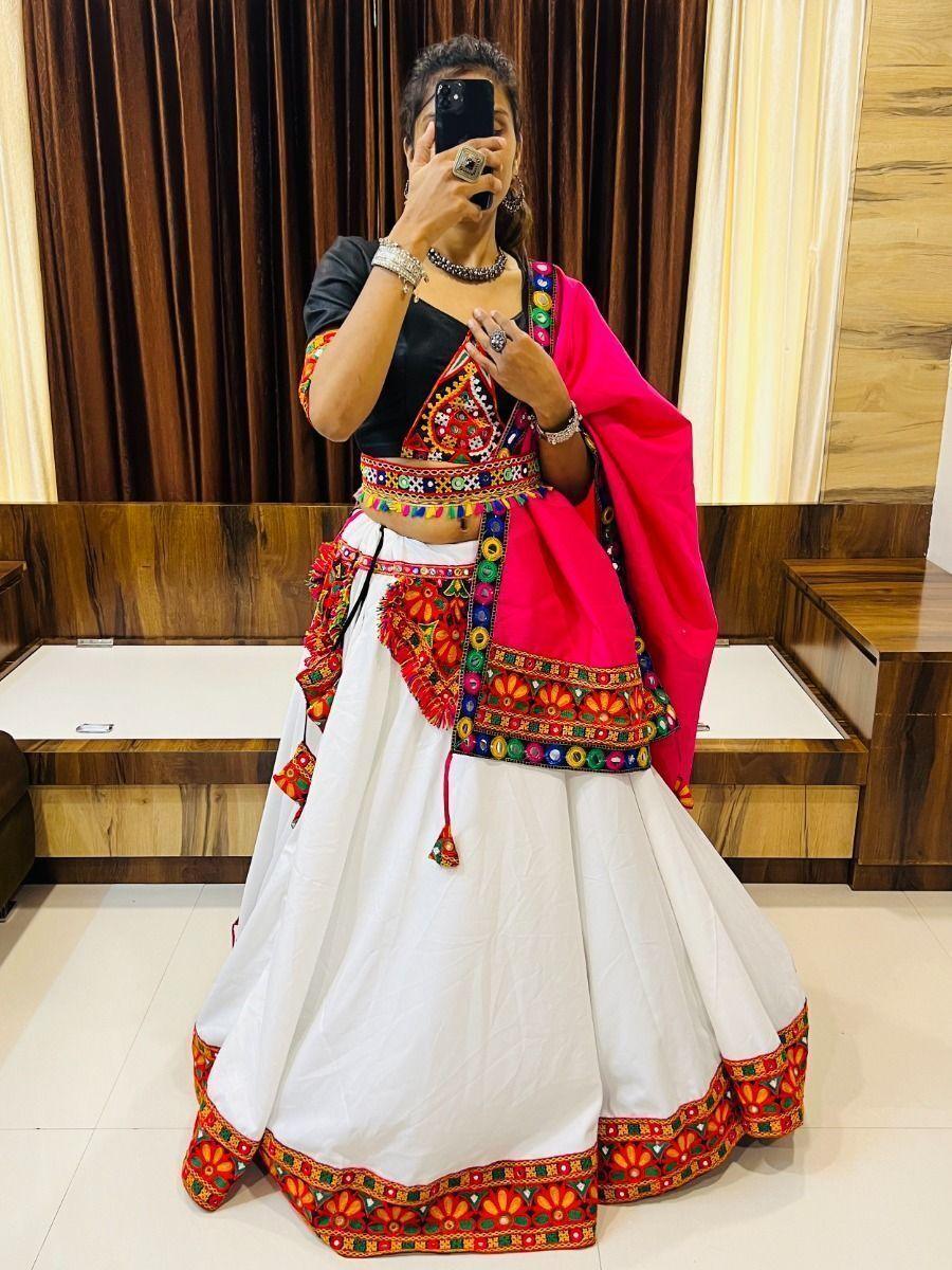 Charming White Mirror Work Cotton Navratri Wear Lehenga Choli