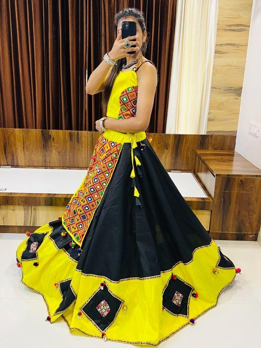 Attractive Black & Yellow Gamthi Work Cotton Navratri Lehenga Choli