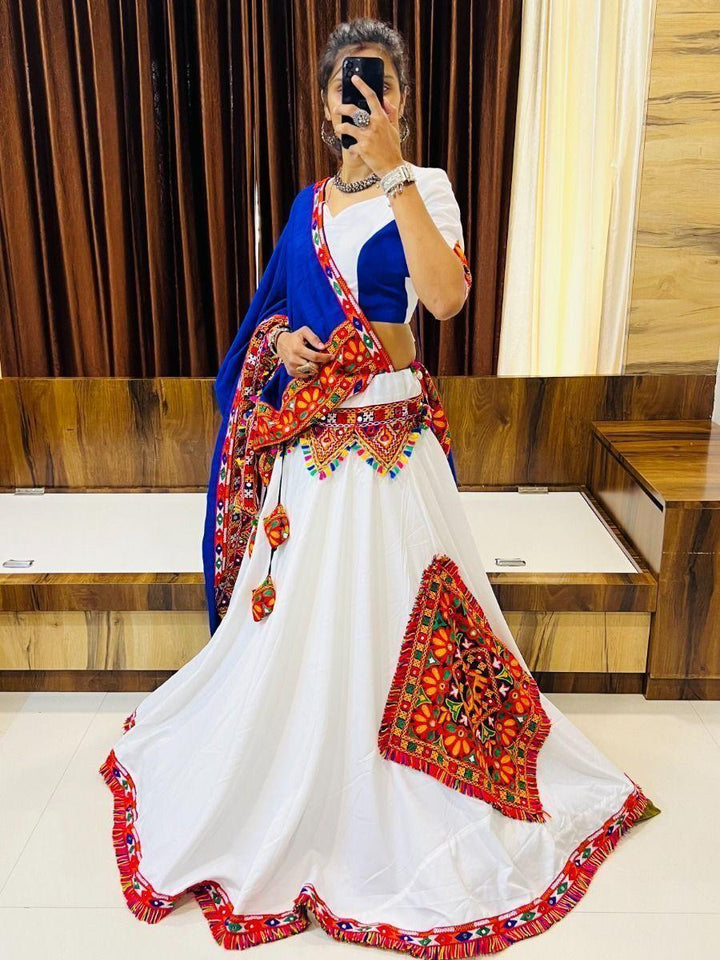 Alluring White Gamthi Work Cotton Navratri Lehenga Choli With Dupatta
