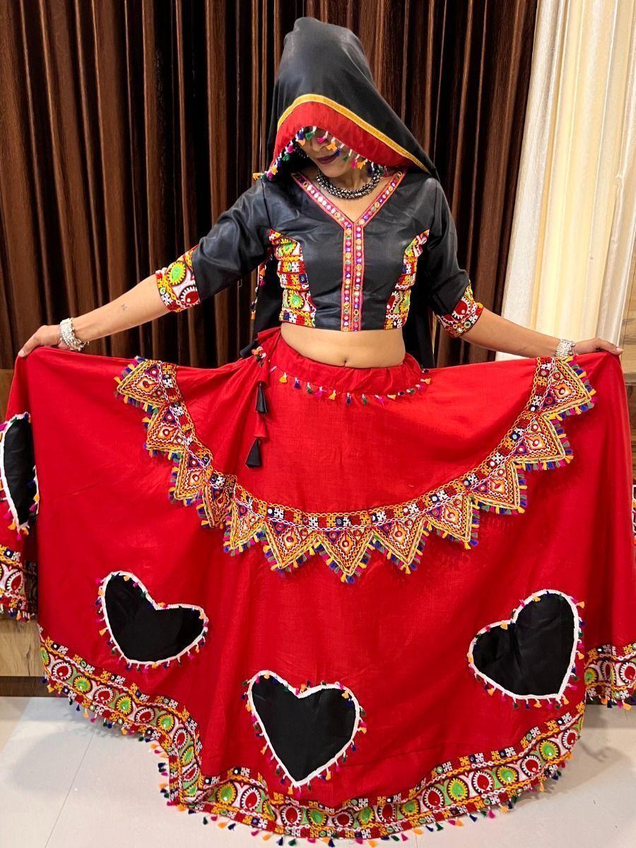 Fascinating Red & Black Mirror Work Cotton Traditional Lehenga Choli