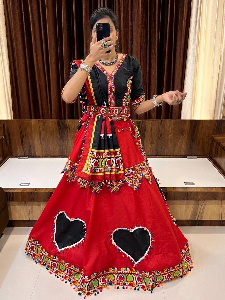 Fascinating Red & Black Mirror Work Cotton Traditional Lehenga Choli