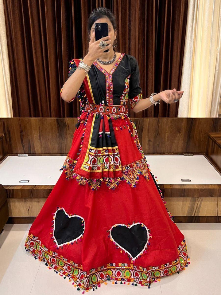 Fascinating Red & Black Mirror Work Cotton Traditional Lehenga Choli