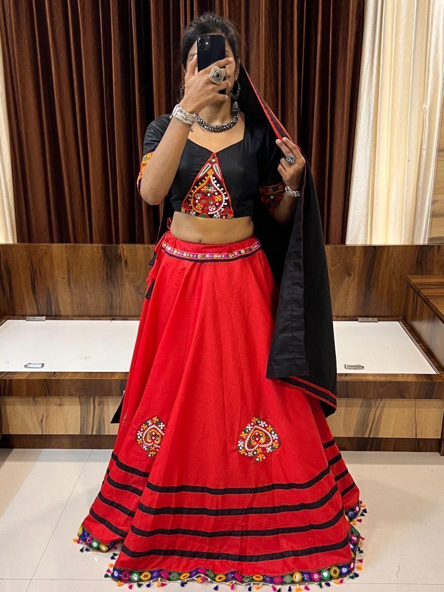 Beautiful Red Gamthi Work Cotton Lehenga Choli With Dupatta