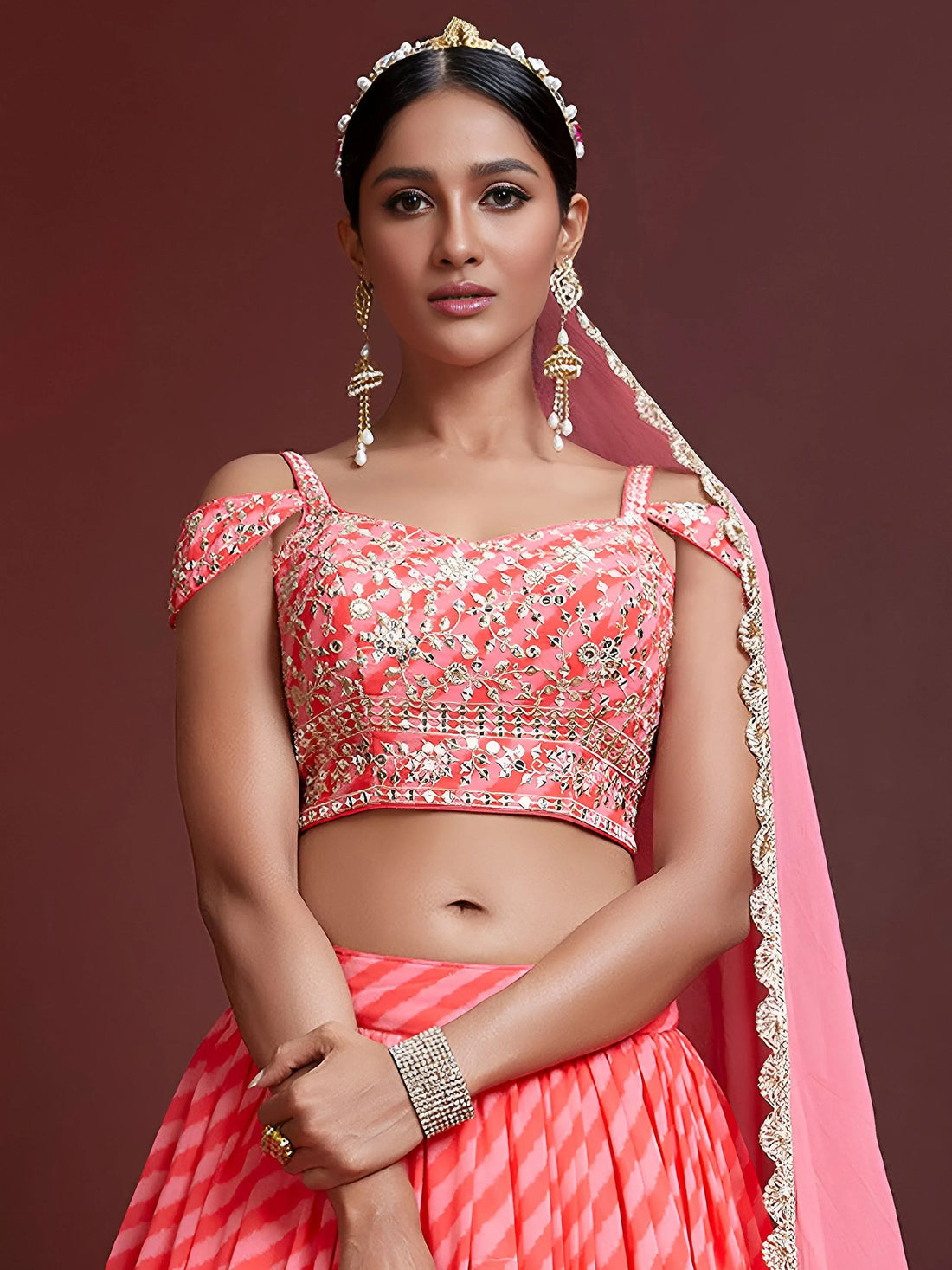 Peach Digital Printed Organza Wedding Wear Lehenga Choli