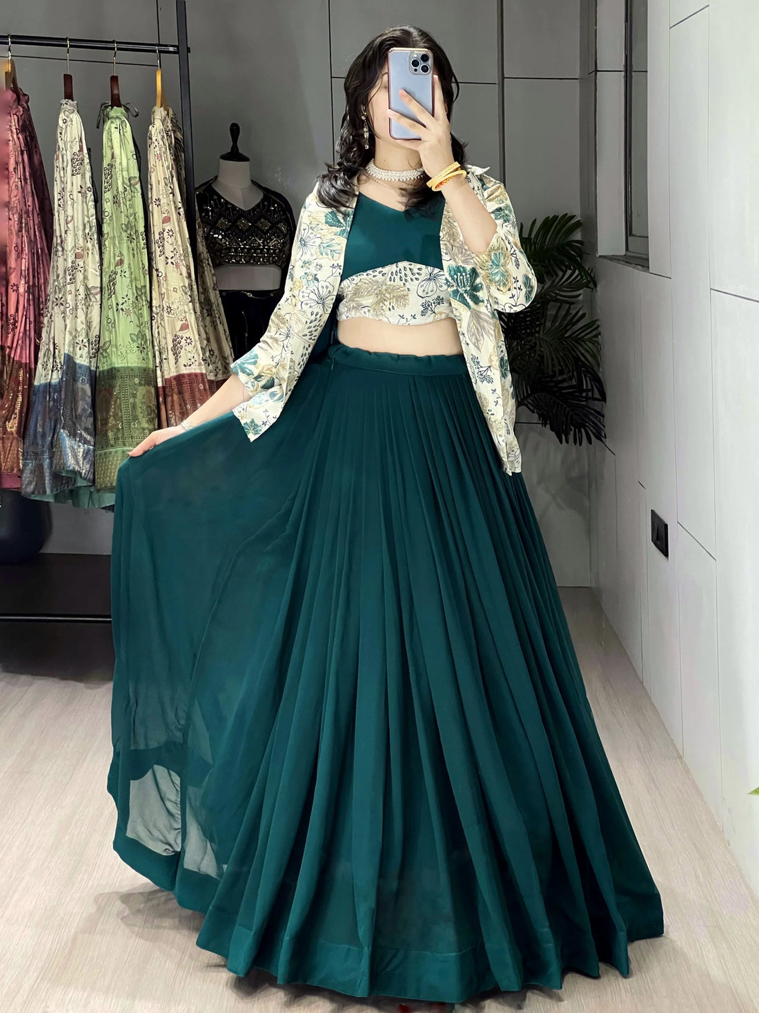 Perfect Green Georgette Event Wear Lehenga Choli With Printed Jacket